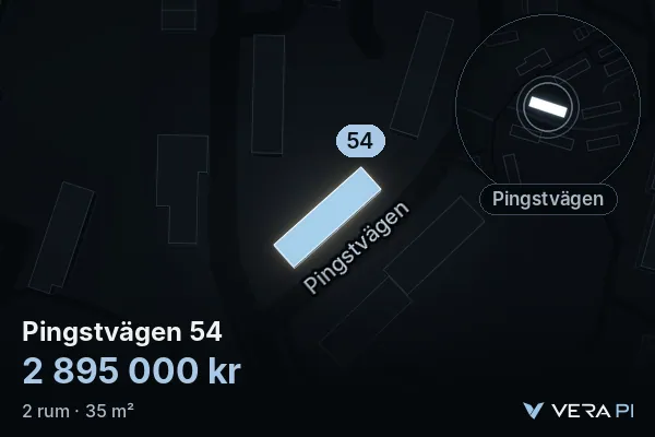 VERA PI:s bild av Pingstvägen 54: huset i 3D, upplyst i blått, och kartan runt omkring