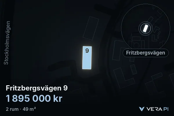 VERA PI's image of Fritzbergsvägen 9: the building in 3D, lit in blue, and the map around it