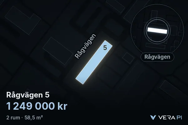 VERA PI's image of Rågvägen 5: the building in 3D, lit in blue, and the map around it