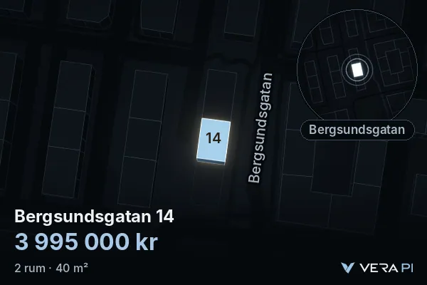 VERA PI:s bild av Bergsundsgatan 14: huset i 3D, upplyst i blått, och kartan runt omkring