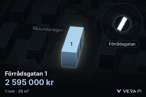 VERA PI:s bild av Förrådsgatan 1: huset i 3D, upplyst i blått, och kartan runt omkring
