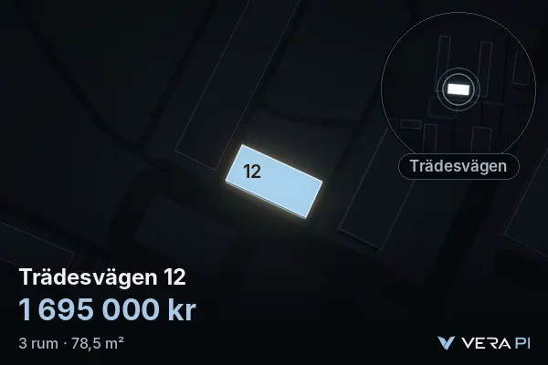 VERA PI's image of Trädesvägen 12: the building in 3D, lit in blue, and the map around it