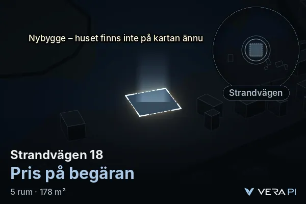 VERA PI:s bild av Strandvägen 18: huset i 3D, upplyst i blått, och kartan runt omkring