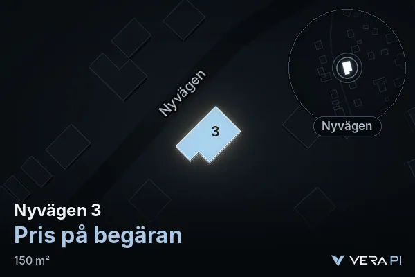 VERA PI:s bild av Nyvägen 3: huset i 3D, upplyst i blått, och kartan runt omkring
