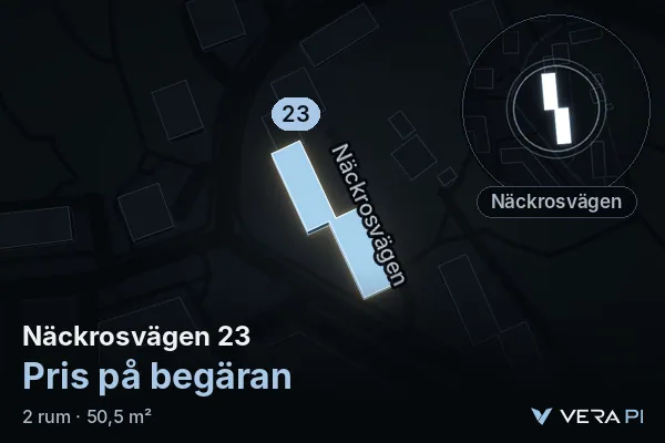 VERA PI:s bild av Näckrosvägen 23: huset i 3D, upplyst i blått, och kartan runt omkring