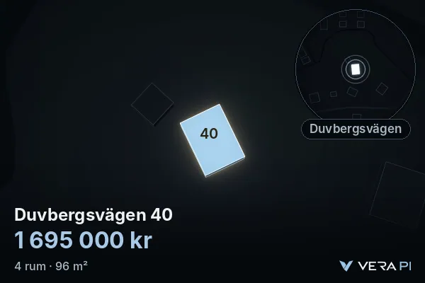 VERA PI:s bild av Duvbergsvägen 40: huset i 3D, upplyst i blått, och kartan runt omkring