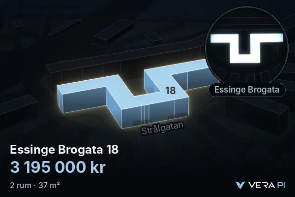 VERA PI:s bild av Essinge Brogata 18: huset i 3D, upplyst i blått, och kartan runt omkring