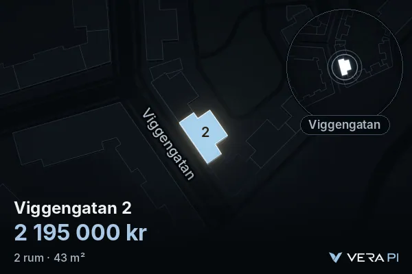 VERA PI's image of Viggengatan 2: the building in 3D, lit in blue, and the map around it