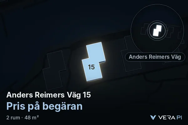 VERA PI:s bild av Anders Reimers Väg 15: huset i 3D, upplyst i blått, och kartan runt omkring