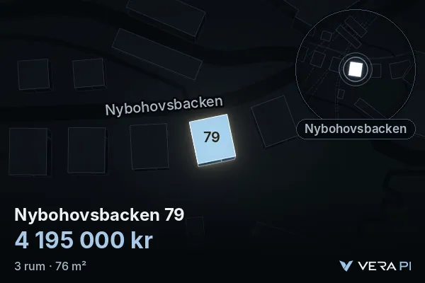 VERA PI's image of Nybohovsbacken 79: the building in 3D, lit in blue, and the map around it
