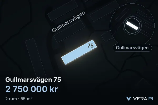 VERA PI:s bild av Gullmarsvägen 75: huset i 3D, upplyst i blått, och kartan runt omkring