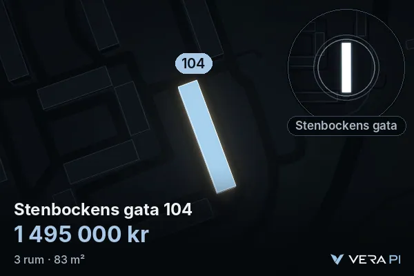 VERA PI:s bild av Stenbockens gata 104: huset i 3D, upplyst i blått, och kartan runt omkring