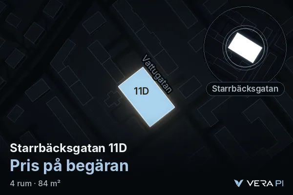 VERA PI:s bild av Starrbäcksgatan 11D: huset i 3D, upplyst i blått, och kartan runt omkring