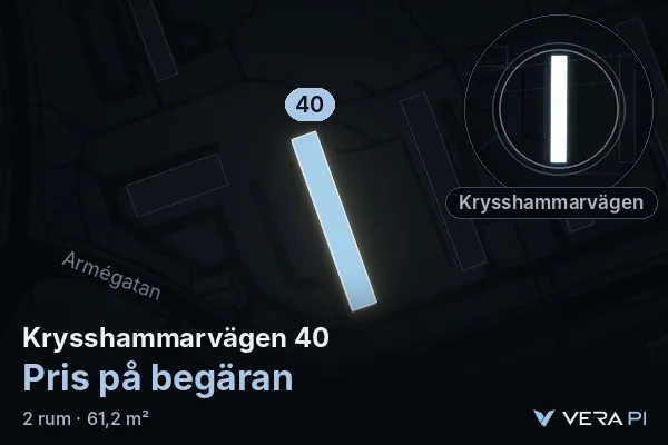 VERA PI:s bild av Krysshammarvägen 40: huset i 3D, upplyst i blått, och kartan runt omkring