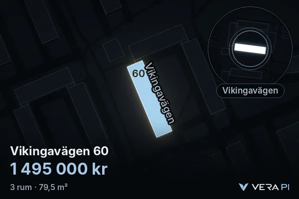 VERA PI:s bild av Vikingavägen 60: huset i 3D, upplyst i blått, och kartan runt omkring