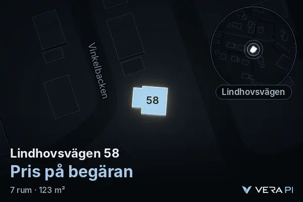 VERA PI:s bild av Lindhovsvägen 58: huset i 3D, upplyst i blått, och kartan runt omkring