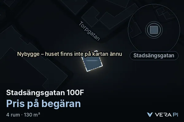 VERA PI's image of Stadsängsgatan 100F: the building in 3D, lit in blue, and the map around it