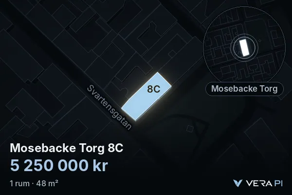 VERA PI:s bild av Mosebacke Torg 8C: huset i 3D, upplyst i blått, och kartan runt omkring