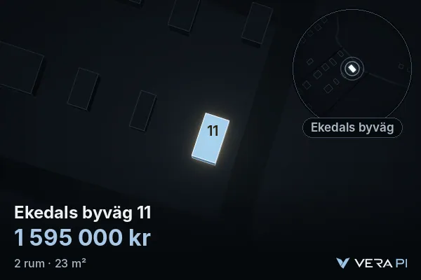 VERA PI:s bild av Ekedals byväg 11: huset i 3D, upplyst i blått, och kartan runt omkring