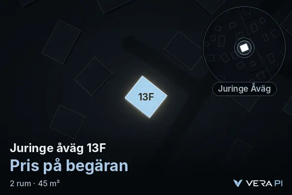 VERA PI:s bild av Juringe åväg 13F: huset i 3D, upplyst i blått, och kartan runt omkring
