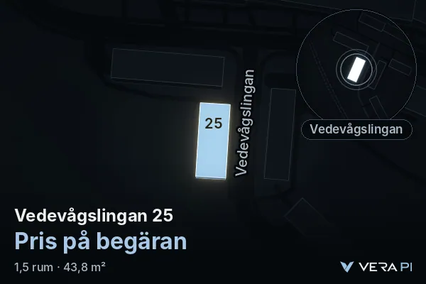 VERA PI's image of Vedevågslingan 25: the building in 3D, lit in blue, and the map around it
