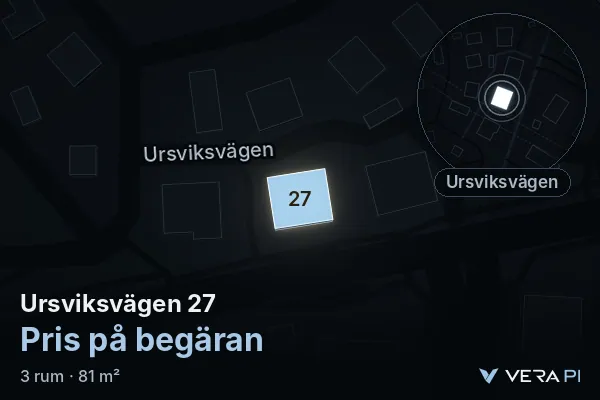 VERA PI:s bild av Ursviksvägen 27: huset i 3D, upplyst i blått, och kartan runt omkring