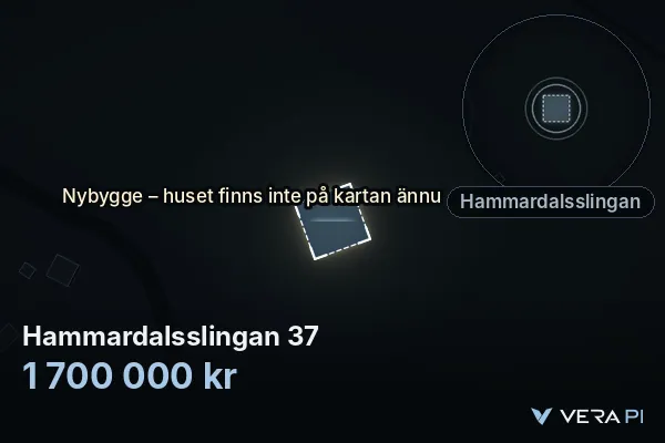 VERA PI's image of Hammardalsslingan 37: the building in 3D, lit in blue, and the map around it
