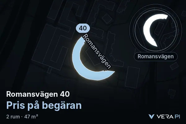 VERA PI:s bild av Romansvägen 40: huset i 3D, upplyst i blått, och kartan runt omkring