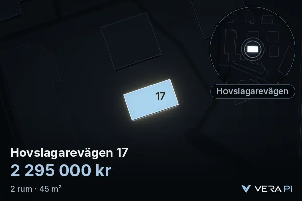 VERA PI's image of Hovslagarevägen 17: the building in 3D, lit in blue, and the map around it