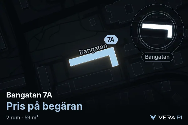 VERA PI:s bild av Bangatan 7A: huset i 3D, upplyst i blått, och kartan runt omkring