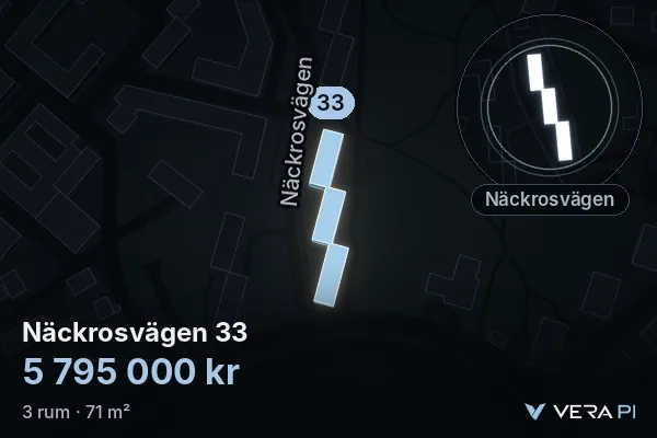 VERA PI's image of Näckrosvägen 33: the building in 3D, lit in blue, and the map around it