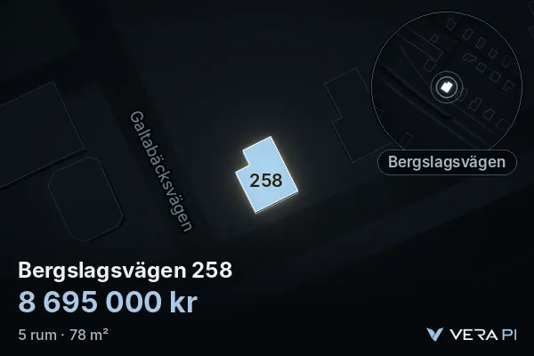 VERA PI:s bild av Bergslagsvägen 258: huset i 3D, upplyst i blått, och kartan runt omkring