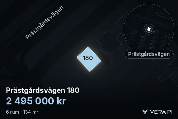 VERA PI's image of Prästgårdsvägen 180: the building in 3D, lit in blue, and the map around it