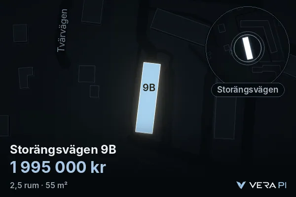 VERA PI:s bild av Storängsvägen 9B: huset i 3D, upplyst i blått, och kartan runt omkring