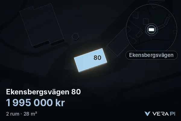 VERA PI:s bild av Ekensbergsvägen 80: huset i 3D, upplyst i blått, och kartan runt omkring