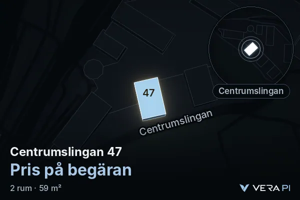 VERA PI:s bild av Centrumslingan 47: huset i 3D, upplyst i blått, och kartan runt omkring