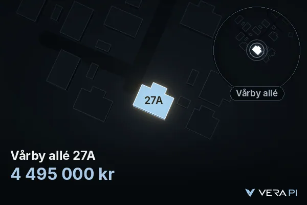 VERA PI's image of Vårby allé 27A: the building in 3D, lit in blue, and the map around it