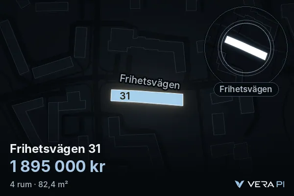 VERA PI's image of Frihetsvägen 31: the building in 3D, lit in blue, and the map around it