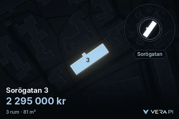 VERA PI's image of Sorögatan 3: the building in 3D, lit in blue, and the map around it