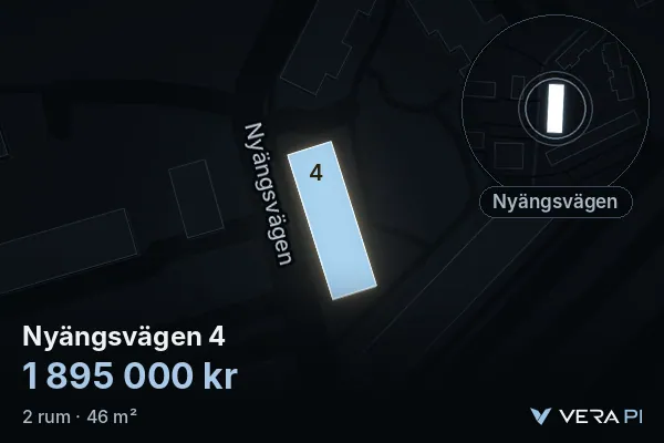 VERA PI's image of Nyängsvägen 4: the building in 3D, lit in blue, and the map around it