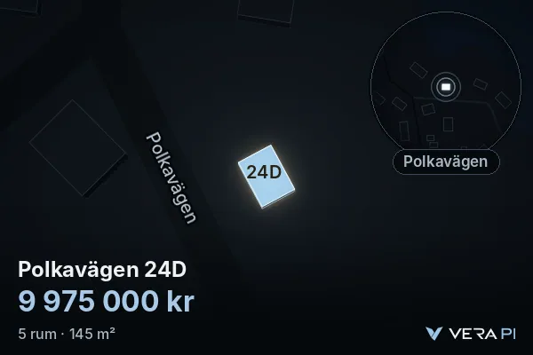 VERA PI:s bild av Polkavägen 24D: huset i 3D, upplyst i blått, och kartan runt omkring