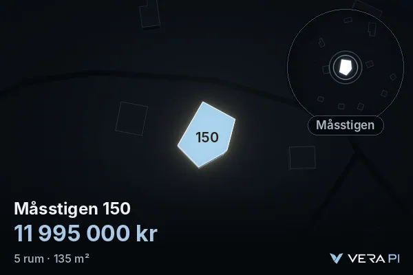 VERA PI's image of Måsstigen 150: the building in 3D, lit in blue, and the map around it