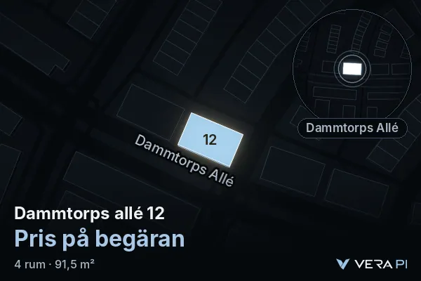 VERA PI:s bild av Dammtorps allé 12: huset i 3D, upplyst i blått, och kartan runt omkring