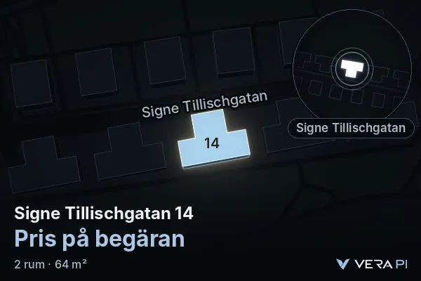 VERA PI:s bild av Signe Tillischgatan 14: huset i 3D, upplyst i blått, och kartan runt omkring