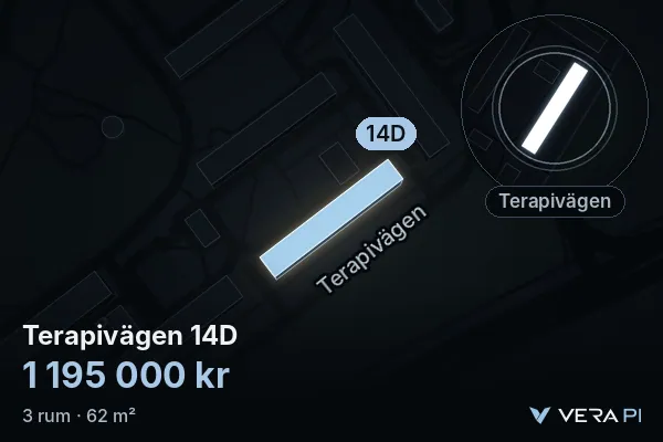 VERA PI:s bild av Terapivägen 14D: huset i 3D, upplyst i blått, och kartan runt omkring
