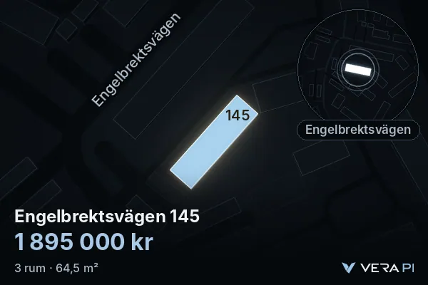 VERA PI's image of Engelbrektsvägen 145: the building in 3D, lit in blue, and the map around it