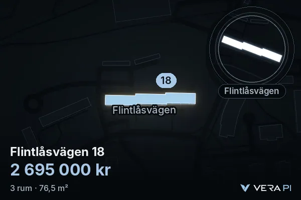 VERA PI's image of Flintlåsvägen 18: the building in 3D, lit in blue, and the map around it
