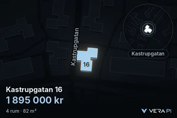 VERA PI's image of Kastrupgatan 16: the building in 3D, lit in blue, and the map around it
