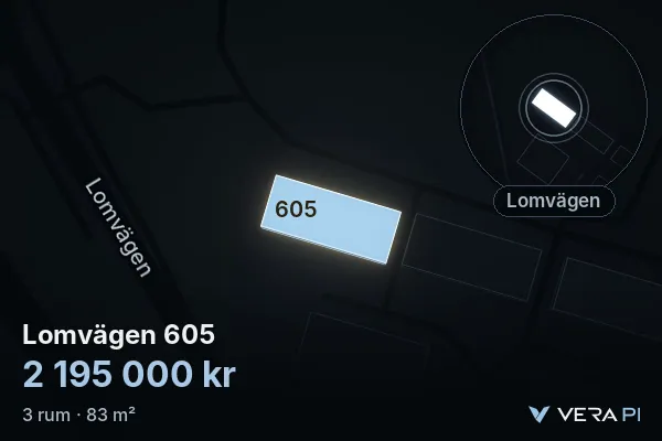 VERA PI's image of Lomvägen 605: the building in 3D, lit in blue, and the map around it