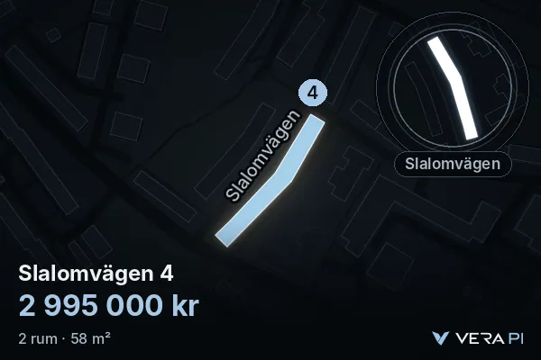VERA PI:s bild av Slalomvägen 4: huset i 3D, upplyst i blått, och kartan runt omkring